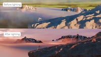 before and after images of a mountain scene